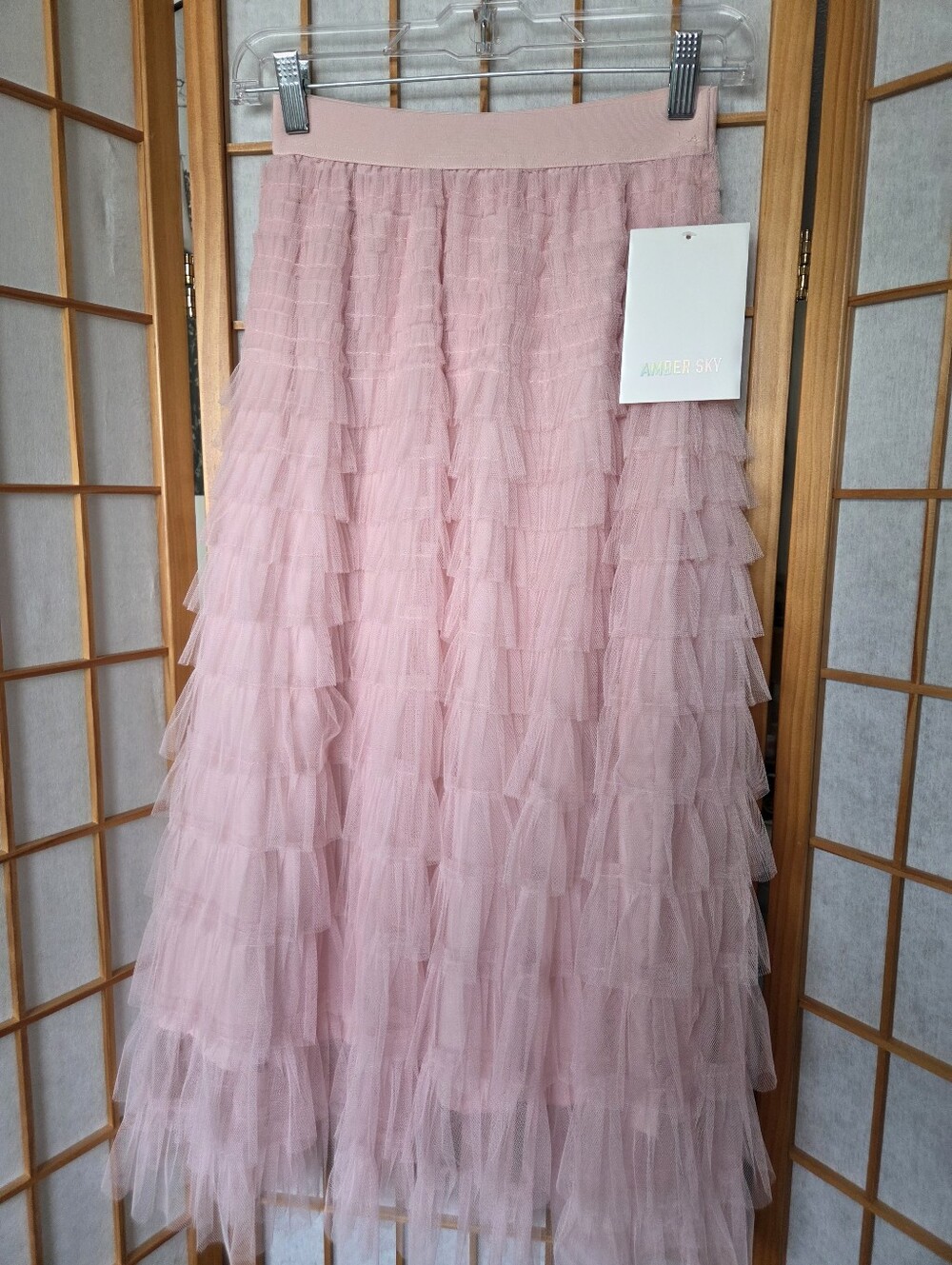 NWT WOMENS BLUSH PINK AMBER SKY TULLE LAYERED LINED MAXI SKIRT SIZE SMALL